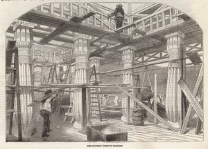 Voortgang van het Crystal Palace: De Egyptische Hof in aanbouw door English School