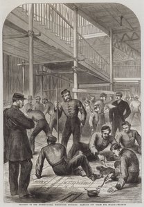 Voortgang van het International Exhibition Building, markeren van ruimte voor stands door English School