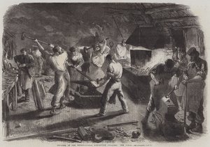 Voortgang van het Internationale Tentoonstellingsgebouw, de smederij (gravure) door English School
