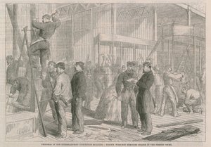 Voortgang op het Internationale Tentoonstellingsgebouw; Franse arbeiders die stands opzetten in het Franse Hof door English School