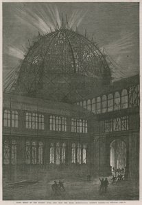 Voortgang op het Internationale Tentoonstellingsgebouw; Nacht effect van de westelijke koepel