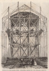 Voortgang op het Internationale Tentoonstellingsgebouw; Het verplaatsbare platform gebruikt bij de bouw van het schip door English School