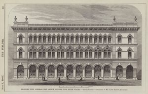 Voorgesteld Nieuw Algemeen Postkantoor, Sydney, New South Wales, Zijaanzicht, ontworpen door Mr James Barnet, Architect (gravure) door English School