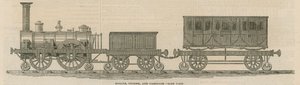 Prossers houten spoorweg: Locomotief, tender en wagon, zijaanzicht door English School