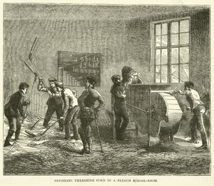 Pruisen die graan dorsen in een Franse school, september 1870
