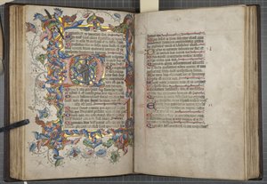 Psalter met Sarum gebruikskalender, Fol 40 verso 41 recto, ca. 1425-75 (inkt, verf en goud op perkament) door English School