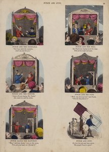 Punch en Judy Show (gekleurde gravure) door English School