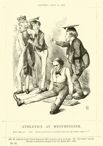 Punch cartoon over John Bright: Atletiek in Westminster