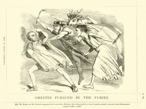 Punch cartoon over John Bright: Orestes achtervolgd door de Furiën