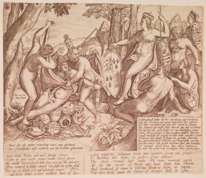 Koningin Elizabeth I van Engeland als de godin Diana, zittend in oordeel over paus Gregorius XIII
