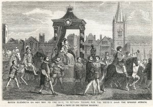 Koningin Elizabeth I op weg naar de stad om dank te betuigen voor de overwinning op de Spaanse Armada door English School