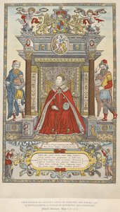 Koningin Elizabeth als beschermheer van geografie en astronomie. Frontispice van Saxton