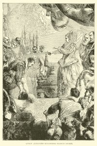 Koningin Elizabeth die Francis Drake tot ridder slaat door English School