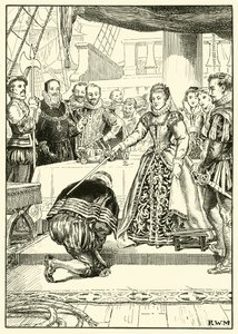 Koningin Elizabeth aan Boord van de Golden Hind door English School
