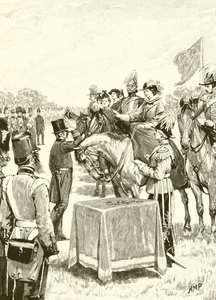 Koningin Victoria zit de eerste uitreiking van het Victoria Cross voor door English School