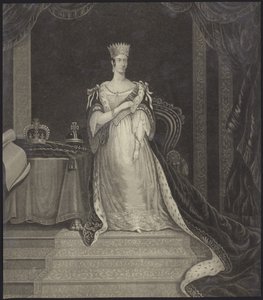 Koningin Victoria zittend naast de kroonjuwelen