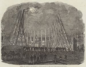 Het hijsen van de spanten van het gebouw in Leicester-Square, voor Mr Wyld