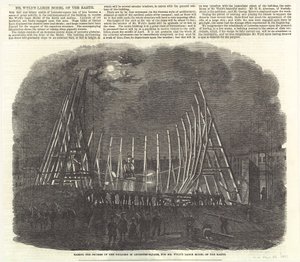 Het optillen van de spanten van het gebouw in Leicester Square voor Mr Wilds groot model van de aarde door English School