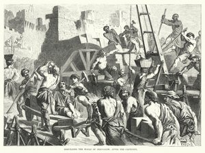 Herbouw van de muren van Jeruzalem na de ballingschap (gravure) door English School