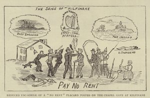 Verminderde facsimile van een "No Rent"-affiche geplaatst op de kapelpoort in Kilfinane door English School
