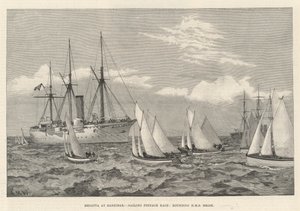 Regatta in Zanzibar, zeilwedstrijd van sloepen, rond HMS Brisk door English School