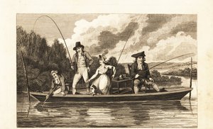 Regency-heren en dame vissen op een ponton in de rivier de Theems door English School