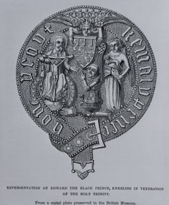 Voorstelling van Edward de Zwarte Prins knielend in aanbidding van de Heilige Drie-eenheid door English School