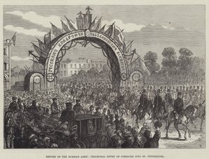 Terugkeer van het Russische leger, triomfantelijke intocht van Kozakken in Sint-Petersburg (gravure) door English School