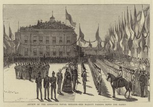 Review van de Ashantee Marinebrigade, Hare Majesteit passeert de Rangen (gravure)