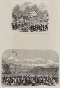 Parade van de Lancashire Rifle Volunteers in Knowsley Park (gravure) door English School