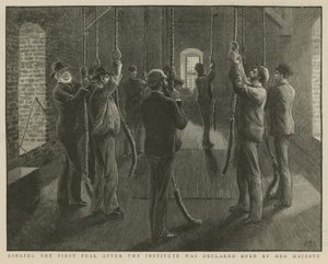 Het luiden van de eerste klok na de opening van het Imperial Institute door Hare Majesteit