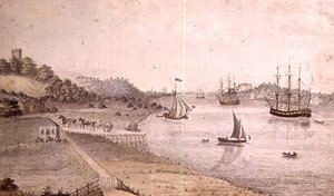Rivierlandschap met schepen en de Dover Koets, c.1800 door English School