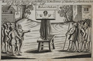 Robert Ockam staande op de schandpaal in de stad Newberry, waar hij geboren is, illustratie uit Handelingen en Monumenten van John Foxe, negende editie, uitgegeven 1684