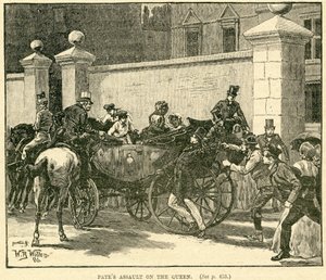 Robert Pates slaat de koningin buiten Cambridge House, illustratie uit Het leven en de tijden van koningin Victoria, Vol. II door Robert Wilson, 1888 door English School