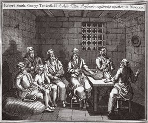 Robert Smith, George Tankerfield en hun medegevangenen, overleggend in Newgate, illustratie uit Foxes Martelaren ca. 1703