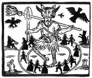 Robin Goodfellow, afgebeeld als Priapus met geitenhoorns, erecte penis en omringd door een cirkel van dansende aanbidders