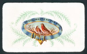 Roodborstjes in ovaal met varen, kerstkaart door English School