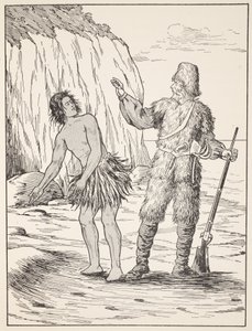 Robinson Crusoe en Vrijdag, illustratie uit Het verhaal van Robinson Crusoe: Een bewerking voor kinderen volgens Defoes taal, uitgegeven door Griffith Farran Browne & Co. Limited, Londen door English School