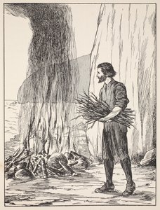Robinson Crusoe kookt, illustratie uit Het verhaal van Robinson Crusoe: Een bewerking voor kinderen volgens Defoes taal, uitgegeven door Griffith Farran Browne & Co. Limited, Londen door English School