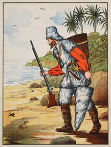 Robinson Crusoe, illustratie uit Het verhaal van Robinson Crusoe: Een bewerking voor kinderen volgens Defoes taal, uitgegeven door Griffith Farran Browne & Co. Limited, Londen
