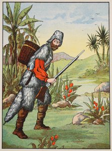 Robinson Crusoe, illustratie uit Het verhaal van Robinson Crusoe: Een bewerking voor kinderen volgens Defoes taal, uitgegeven door Griffith Farran Browne & Co. Limited, Londen