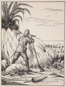 Robinson Crusoe, illustratie uit Het verhaal van Robinson Crusoe: Een bewerking voor kinderen volgens Defoes taal, uitgegeven door Griffith Farran Browne & Co. Limited, Londen