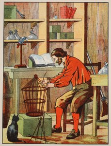 Robinson Crusoe maakt een kooi voor zijn papegaai, illustratie uit Het verhaal van Robinson Crusoe: Een bewerking voor kinderen volgens Defoes taal, uitgegeven door Griffith Farran Browne & Co. Limited, Londen door English School