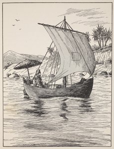 Robinson Crusoe op zijn boot, illustratie uit Het verhaal van Robinson Crusoe: Een bewerking voor kinderen volgens Defoes taal, uitgegeven door Griffith Farran Browne & Co. Limited, Londen door English School