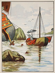 Robinson Crusoe redt een hond van een Spaans scheepswrak, illustratie uit Het verhaal van Robinson Crusoe: Een bewerking voor kinderen volgens Defoes taal, uitgegeven door Griffith Farran Browne & Co. Limited, Londen door English School