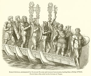 Romeinse generaal, vergezeld door standaarddragers en gewone legionairs, landend vanaf een brug van boten door English School