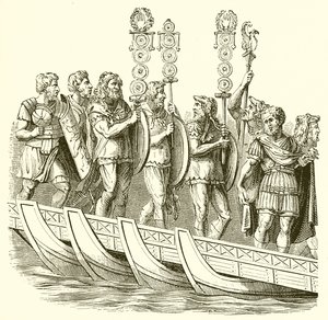 Romeinse soldaten steken een brug van boten over door English School