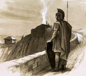 Romeinse soldaat die een grensmuur bewaakt