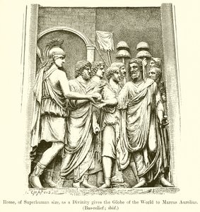 Rome, van bovenmenselijke grootte, als een godheid geeft de wereldbol aan Marcus Aurelius. (Bas-reliëf; ibid) door English School