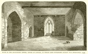 Kamer in de Beauchamp Tower, Tower of London, waar Lord Guildford Dudley gevangen zat, 1554 door English School